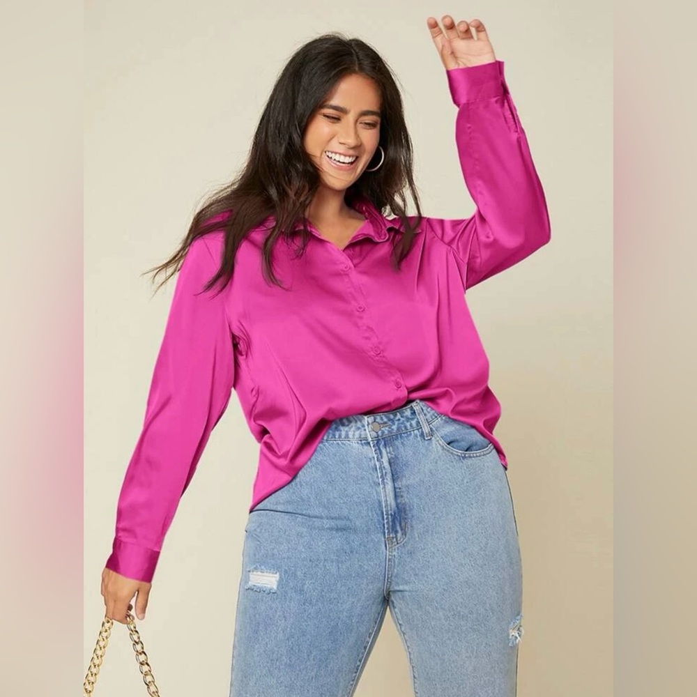 NEW SHEIN Plus Solid Button Up Satin Shirt